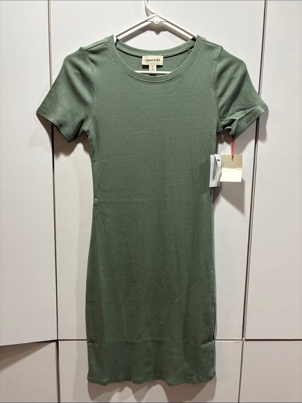Open Edit Olive Green Short Sleeve Knit Dress NWT SIZE XS Cotton Blend